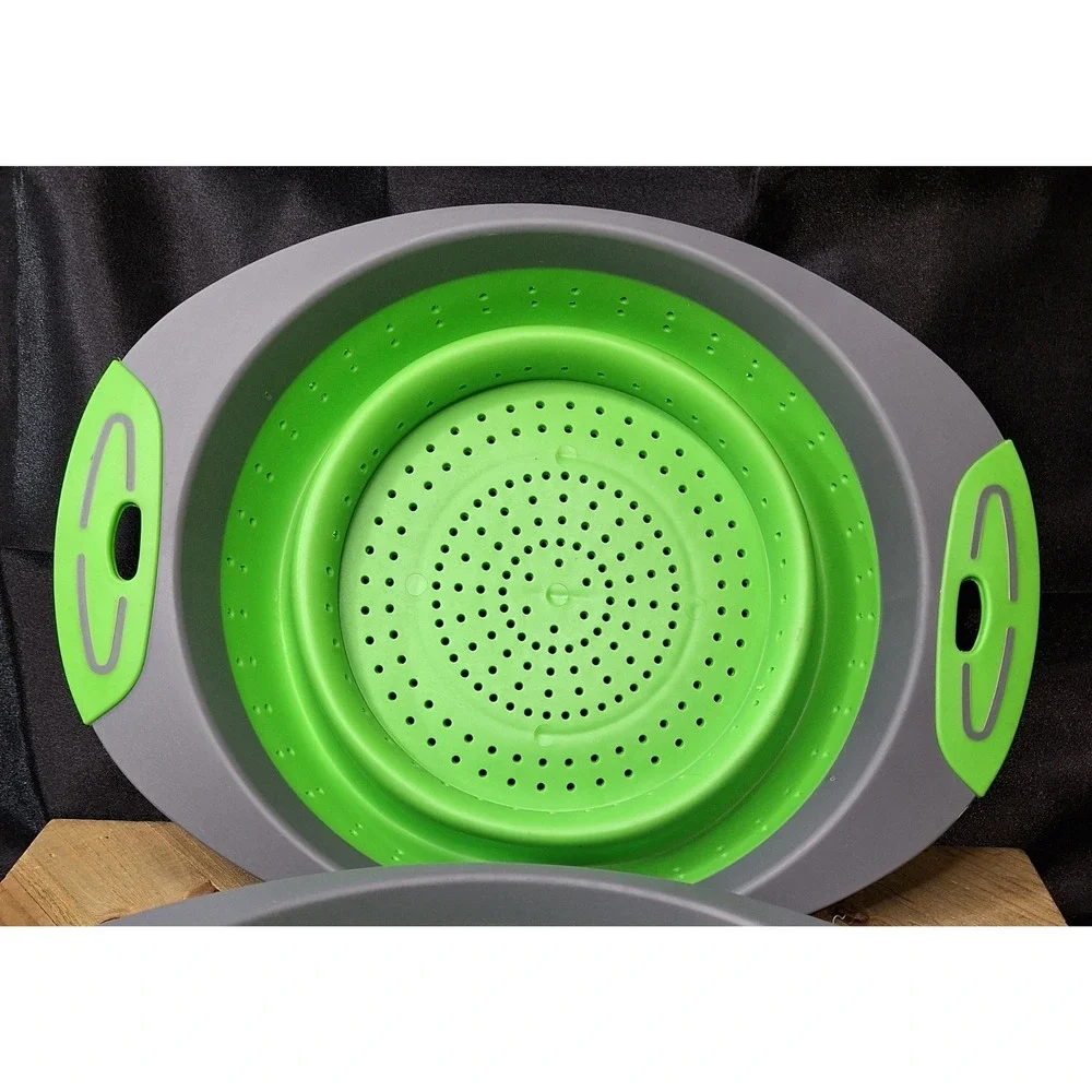 Collapsible Silicone Colander  Piece Green Grey Round Folding Strainers 3.5 qt.